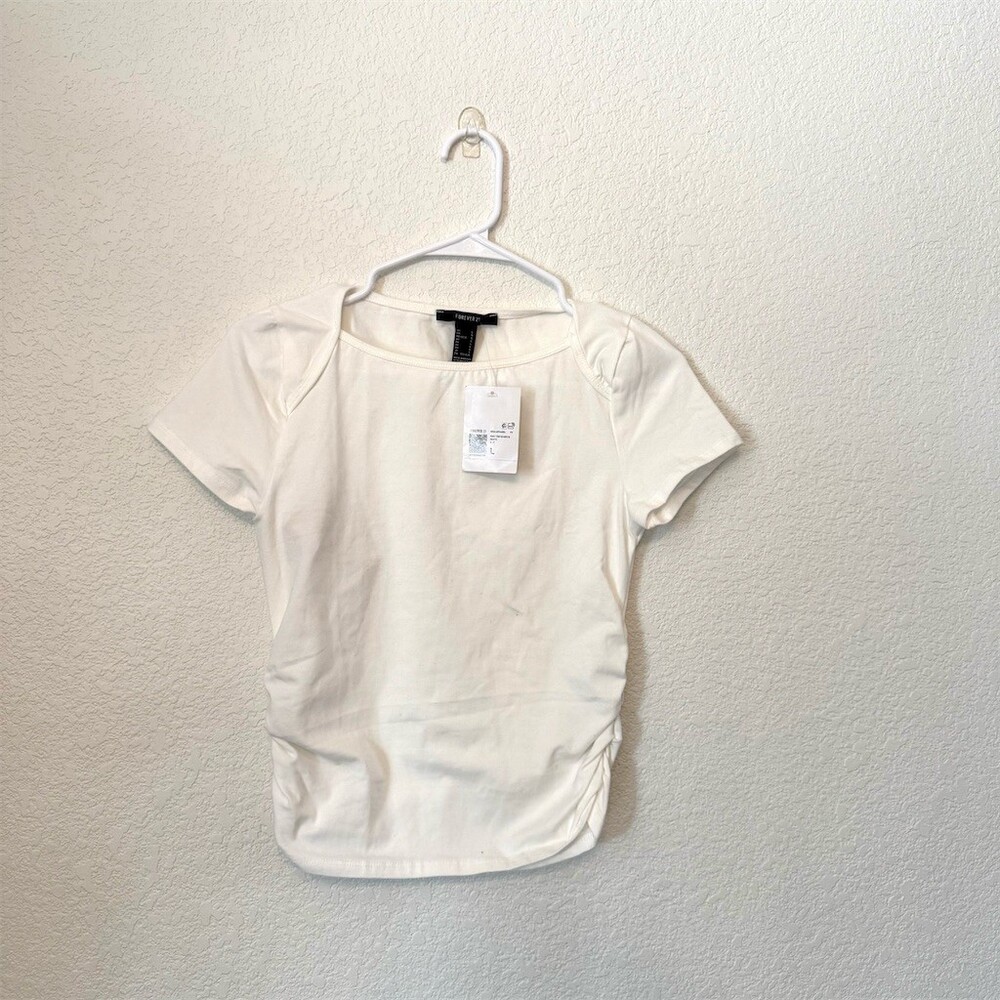 Forever 21 Top Womens Size L White Ruched Side Square Neck Short Sleeve